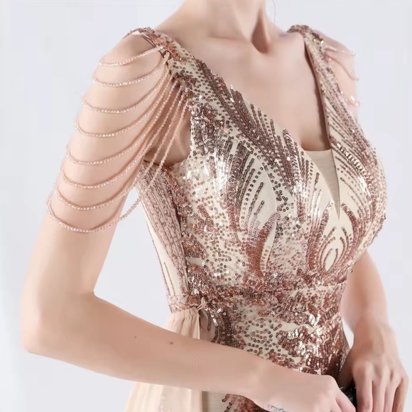 Eegant Champagne/ Gold Floral Wedding Dress - Picture 13 of 14